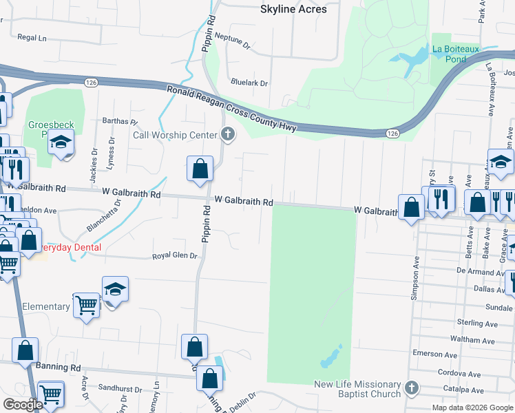 map of restaurants, bars, coffee shops, grocery stores, and more near 2345 Galbraith Road in Cincinnati