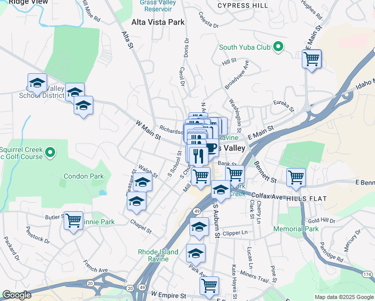map of restaurants, bars, coffee shops, grocery stores, and more near 213 West Main Street in Grass Valley