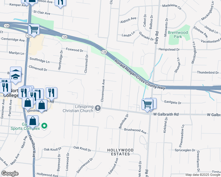 map of restaurants, bars, coffee shops, grocery stores, and more near 1 Clovernook Avenue in Cincinnati