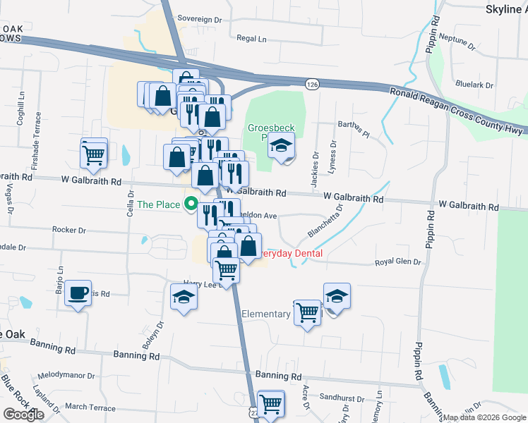 map of restaurants, bars, coffee shops, grocery stores, and more near 3018 Sheldon Avenue in Cincinnati