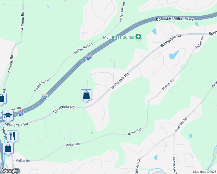 map of restaurants, bars, coffee shops, grocery stores, and more near 6575 Springdale Road in Cincinnati