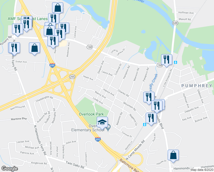 map of restaurants, bars, coffee shops, grocery stores, and more near 317 Charles Road in Linthicum Heights