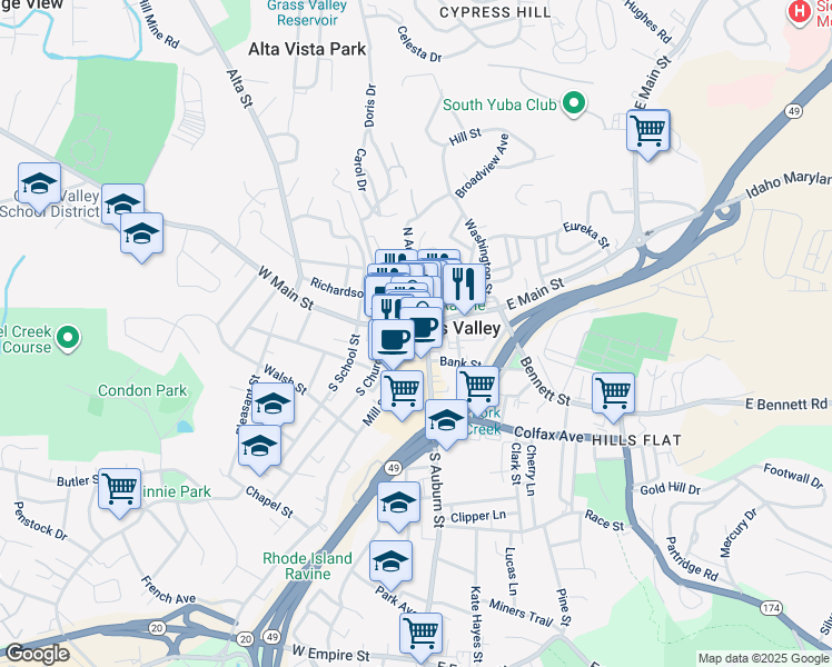 map of restaurants, bars, coffee shops, grocery stores, and more near 126 South Auburn Street in Grass Valley