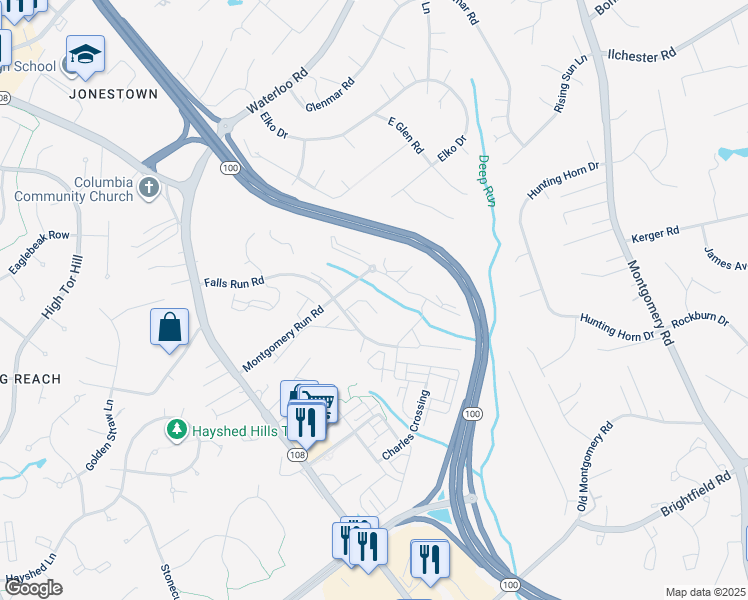 map of restaurants, bars, coffee shops, grocery stores, and more near 8511 Falls Run Road in Ellicott City