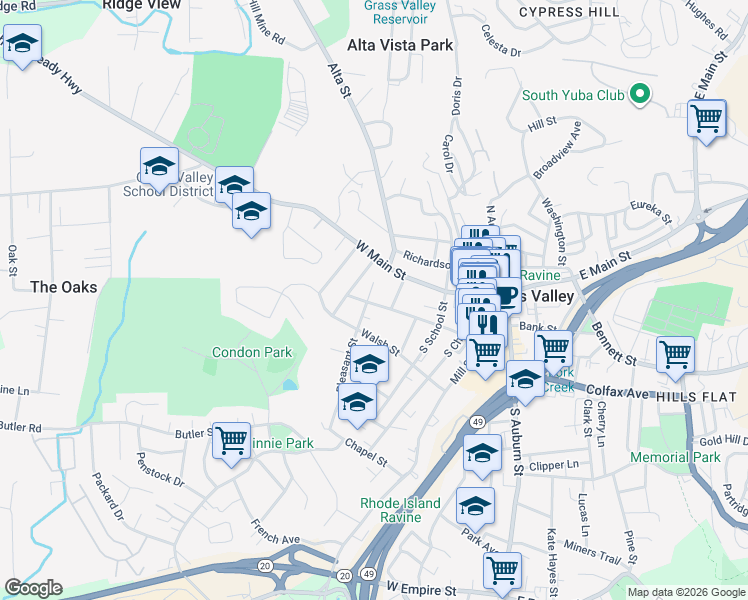 map of restaurants, bars, coffee shops, grocery stores, and more near 131 Pleasant Street in Grass Valley
