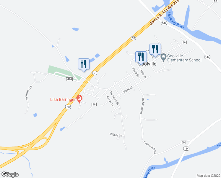 map of restaurants, bars, coffee shops, grocery stores, and more near 19 Main Street in Coolville