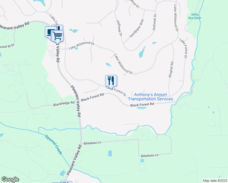 map of restaurants, bars, coffee shops, grocery stores, and more near 18531 Lake Forest Drive in Penn Valley