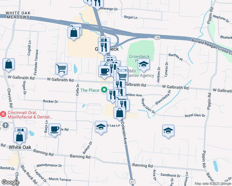 map of restaurants, bars, coffee shops, grocery stores, and more near 3167 Lina Place in Cincinnati