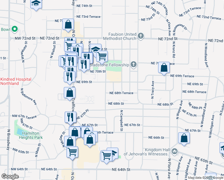 map of restaurants, bars, coffee shops, grocery stores, and more near 6822 North Charlotte Street in Kansas City