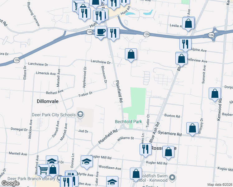 map of restaurants, bars, coffee shops, grocery stores, and more near 8811 Plainfield Road in Cincinnati