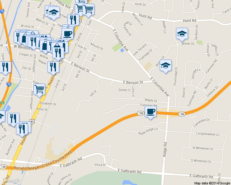 map of restaurants, bars, coffee shops, grocery stores, and more near 505 Dottie Court in Cincinnati