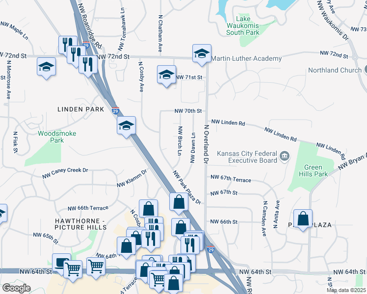 map of restaurants, bars, coffee shops, grocery stores, and more near 6825 Northwest Birch Lane in Kansas City