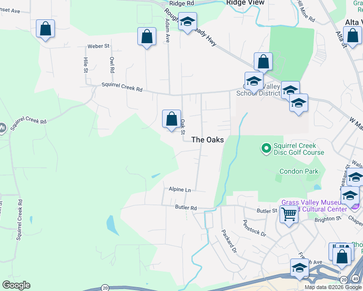 map of restaurants, bars, coffee shops, grocery stores, and more near 10656 Oak Street in Grass Valley