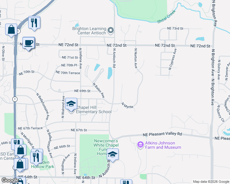 map of restaurants, bars, coffee shops, grocery stores, and more near 6905 Northeast Antioch Road in Gladstone