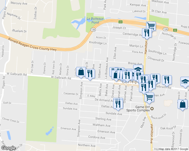 map of restaurants, bars, coffee shops, grocery stores, and more near 6916 Noble Avenue in Cincinnati