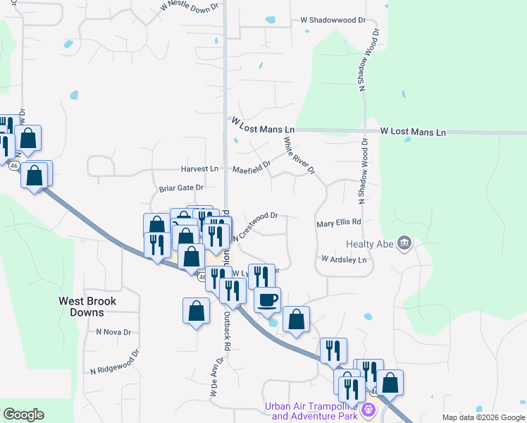 map of restaurants, bars, coffee shops, grocery stores, and more near 4298 North Crestwood Drive in Bloomington