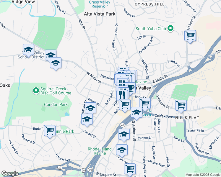 map of restaurants, bars, coffee shops, grocery stores, and more near 405 West Main Street in Grass Valley