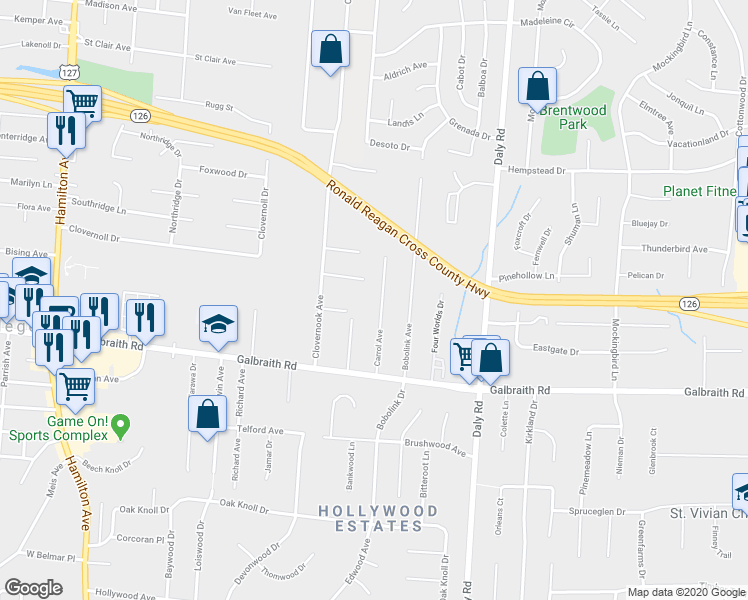 map of restaurants, bars, coffee shops, grocery stores, and more near 8337 Carrol Avenue in Cincinnati