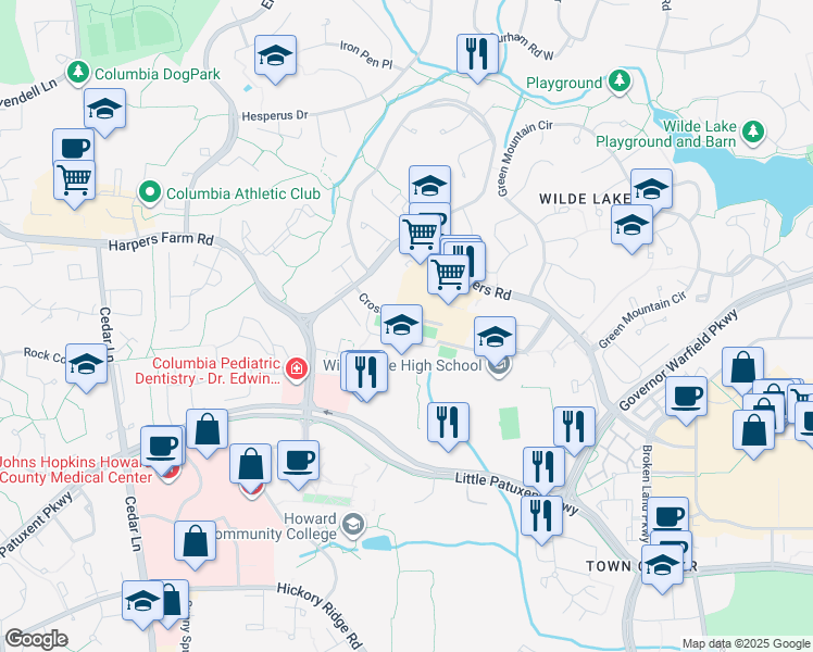 map of restaurants, bars, coffee shops, grocery stores, and more near 10499 Cross Fox Lane in Columbia