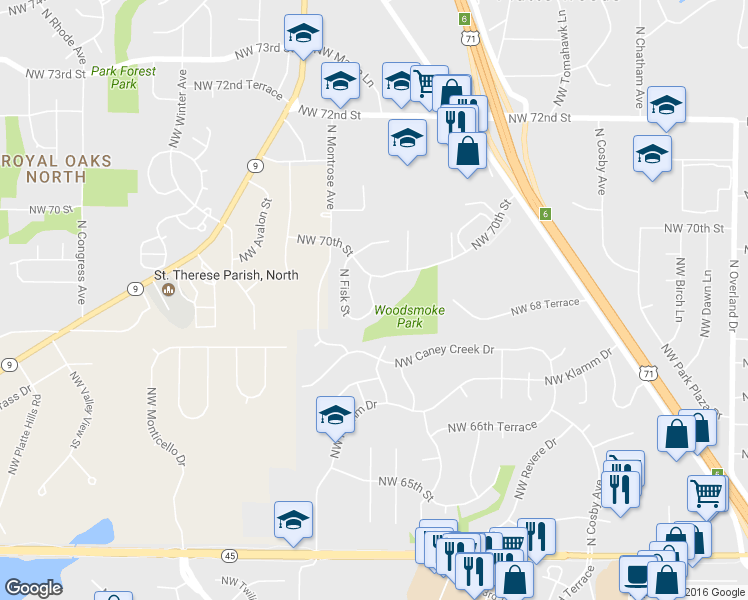 map of restaurants, bars, coffee shops, grocery stores, and more near 6833 North Mokane Avenue in Kansas City