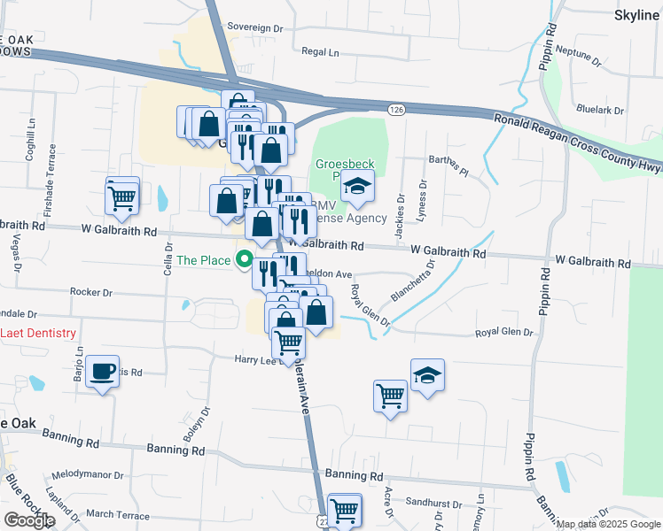 map of restaurants, bars, coffee shops, grocery stores, and more near 3018 Sheldon Ave in Cincinnati