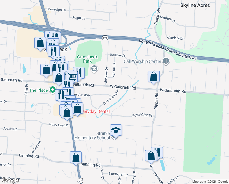 map of restaurants, bars, coffee shops, grocery stores, and more near 8185 Blanchetta Drive in Cincinnati
