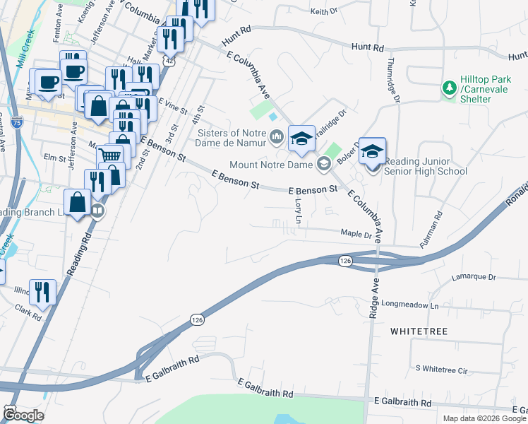 map of restaurants, bars, coffee shops, grocery stores, and more near 505 Dottie Court in Cincinnati