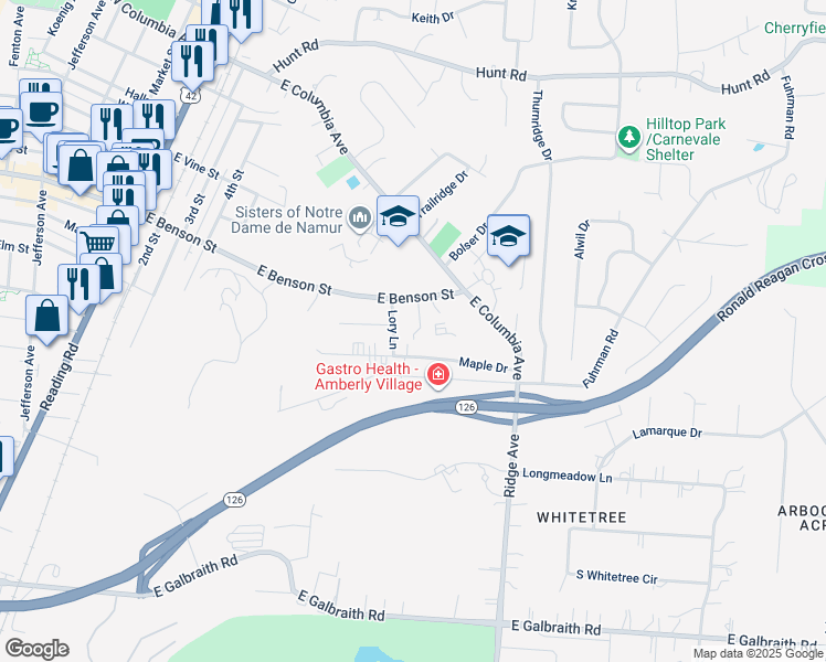 map of restaurants, bars, coffee shops, grocery stores, and more near 793 Kenray Court in Cincinnati
