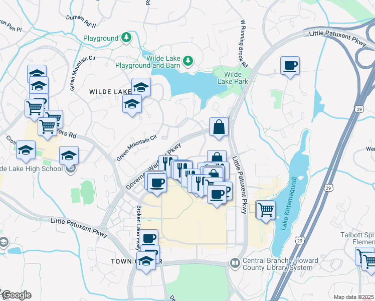 map of restaurants, bars, coffee shops, grocery stores, and more near 10101 Governor Warfield Parkway in Columbia