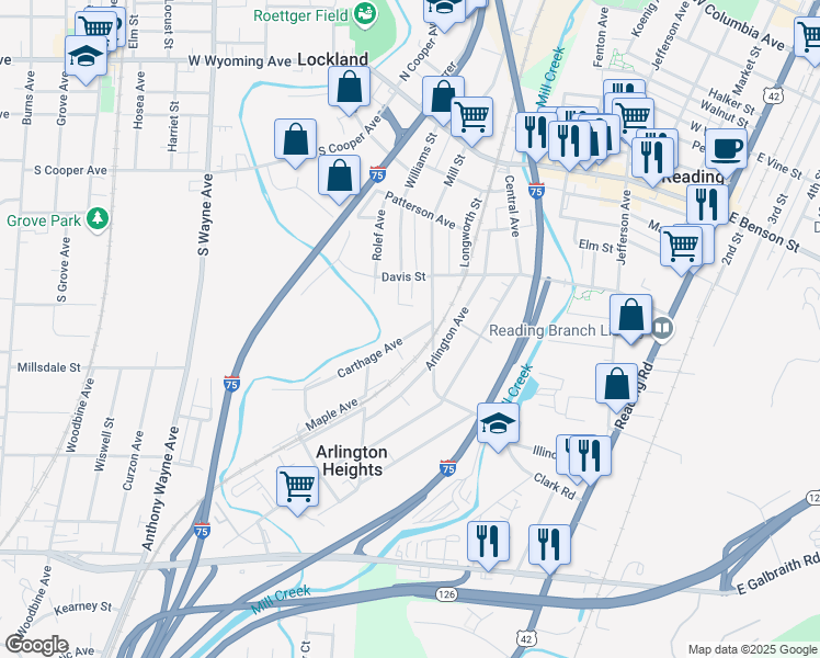 map of restaurants, bars, coffee shops, grocery stores, and more near 217 Carthage Avenue in Cincinnati
