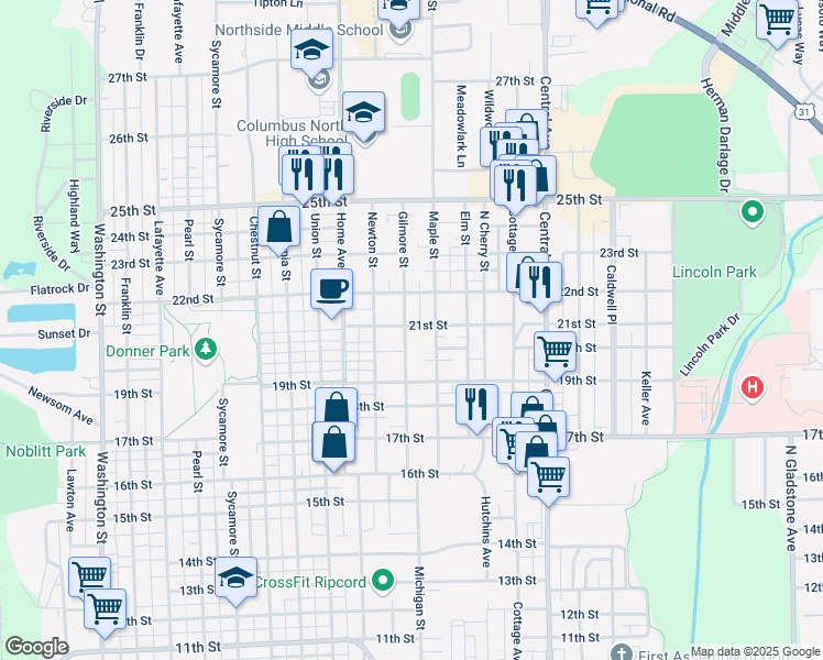 map of restaurants, bars, coffee shops, grocery stores, and more near 2035 Gilmore Street in Columbus