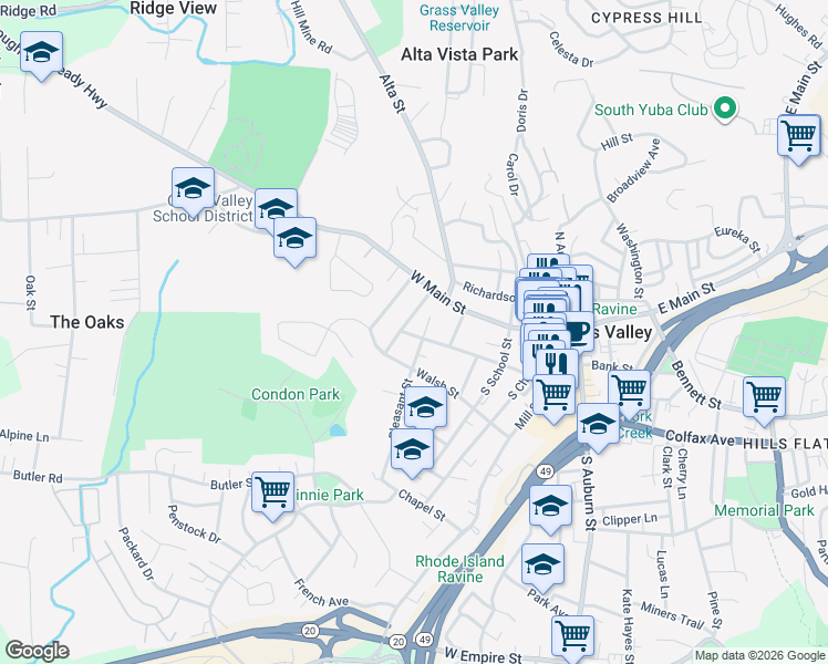 map of restaurants, bars, coffee shops, grocery stores, and more near 131 Pleasant Street in Grass Valley