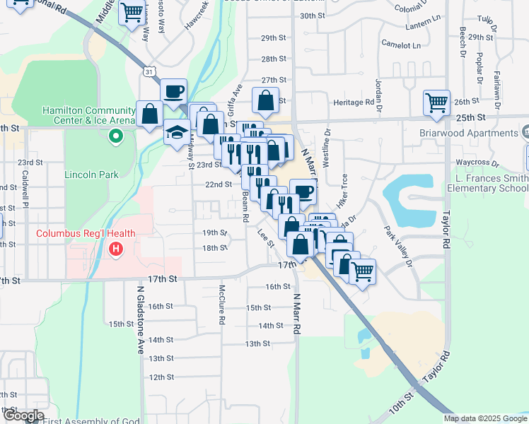 map of restaurants, bars, coffee shops, grocery stores, and more near 2030 North National Road in Columbus