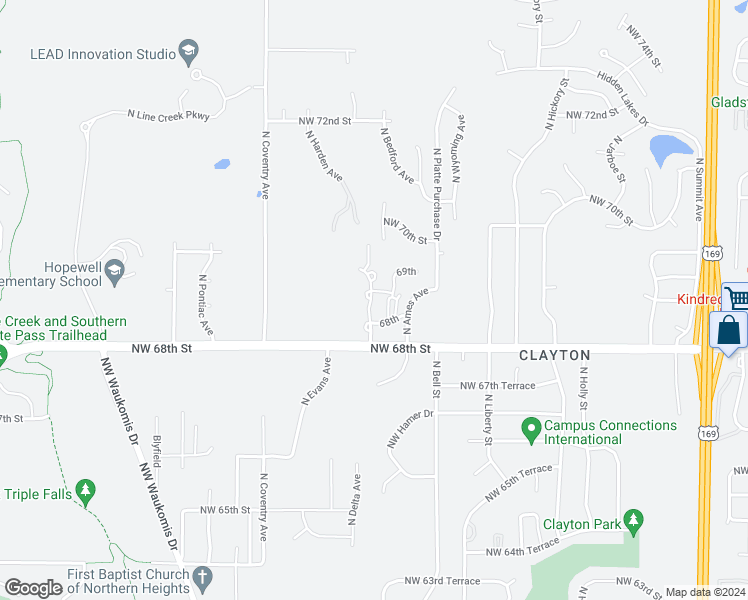map of restaurants, bars, coffee shops, grocery stores, and more near 6843 North Bedford Avenue in Kansas City