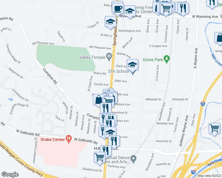 map of restaurants, bars, coffee shops, grocery stores, and more near 31 Vine Street in Wyoming