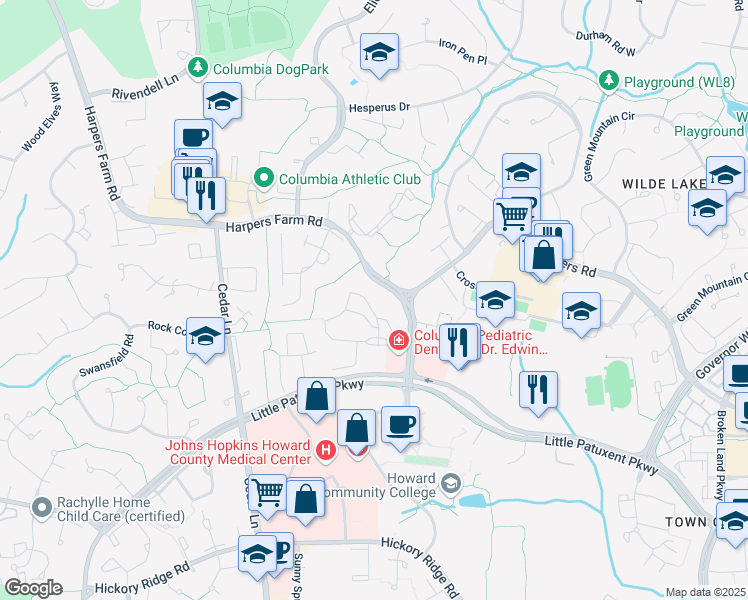 map of restaurants, bars, coffee shops, grocery stores, and more near 5960 Turnabout Lane in Columbia