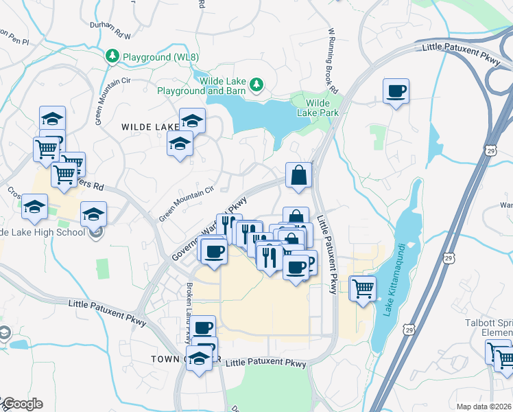 map of restaurants, bars, coffee shops, grocery stores, and more near 10101 Governor Warfield Parkway in Columbia