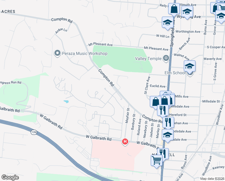 map of restaurants, bars, coffee shops, grocery stores, and more near 6904 Leeds Lane West in Cincinnati