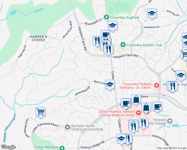 map of restaurants, bars, coffee shops, grocery stores, and more near 5565 Suffield Court in Columbia