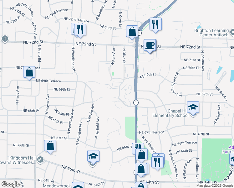 map of restaurants, bars, coffee shops, grocery stores, and more near 2332 Northeast 68th Street in Kansas City