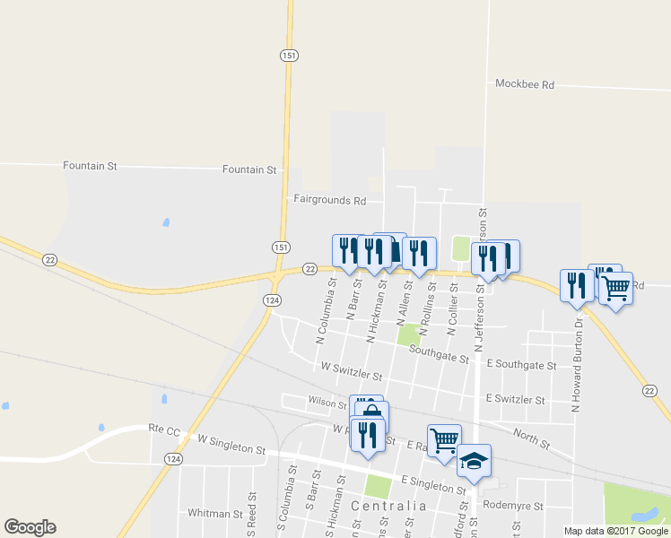 map of restaurants, bars, coffee shops, grocery stores, and more near 1001 North Columbia Street in Centralia