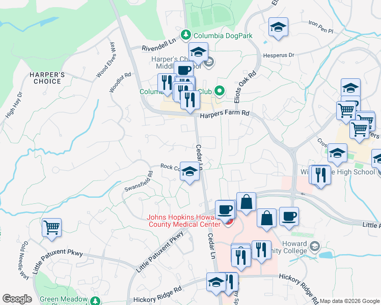 map of restaurants, bars, coffee shops, grocery stores, and more near 5501 Suffield Court in Columbia