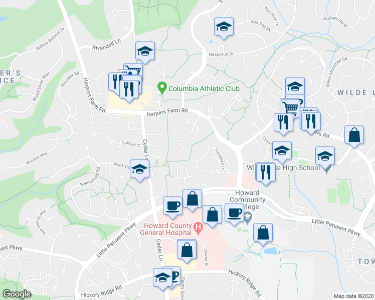 map of restaurants, bars, coffee shops, grocery stores, and more near 5493 Green Dory Lane in Columbia