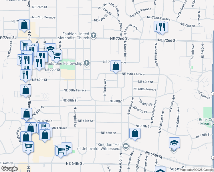 map of restaurants, bars, coffee shops, grocery stores, and more near 1304 Northeast 68 Terrace in Gladstone