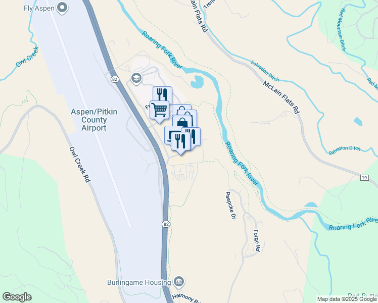 map of restaurants, bars, coffee shops, grocery stores, and more near 212 Aspen Airport Business Center in Aspen