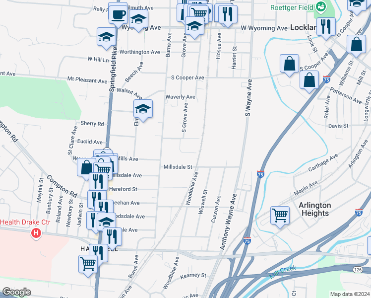 map of restaurants, bars, coffee shops, grocery stores, and more near 346 Ridgeway Road in Wyoming