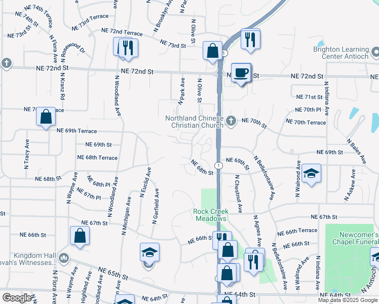 map of restaurants, bars, coffee shops, grocery stores, and more near 2300 North Olive Street in Gladstone