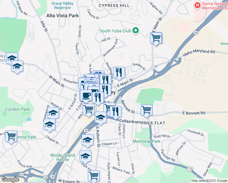 map of restaurants, bars, coffee shops, grocery stores, and more near 185 East Main Street in Grass Valley