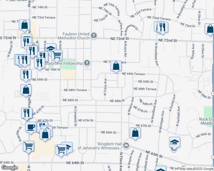 map of restaurants, bars, coffee shops, grocery stores, and more near 1304 Northeast 68 Terrace in Gladstone
