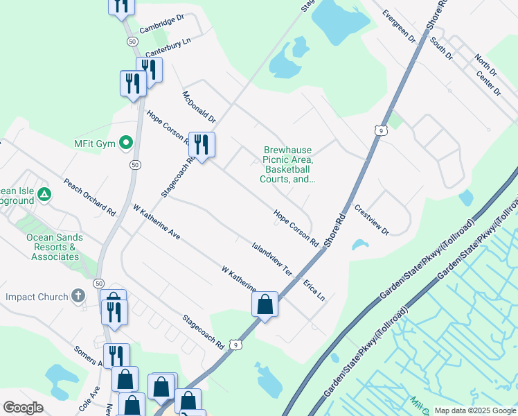 map of restaurants, bars, coffee shops, grocery stores, and more near 26 Hope Corson Road in Cape May County